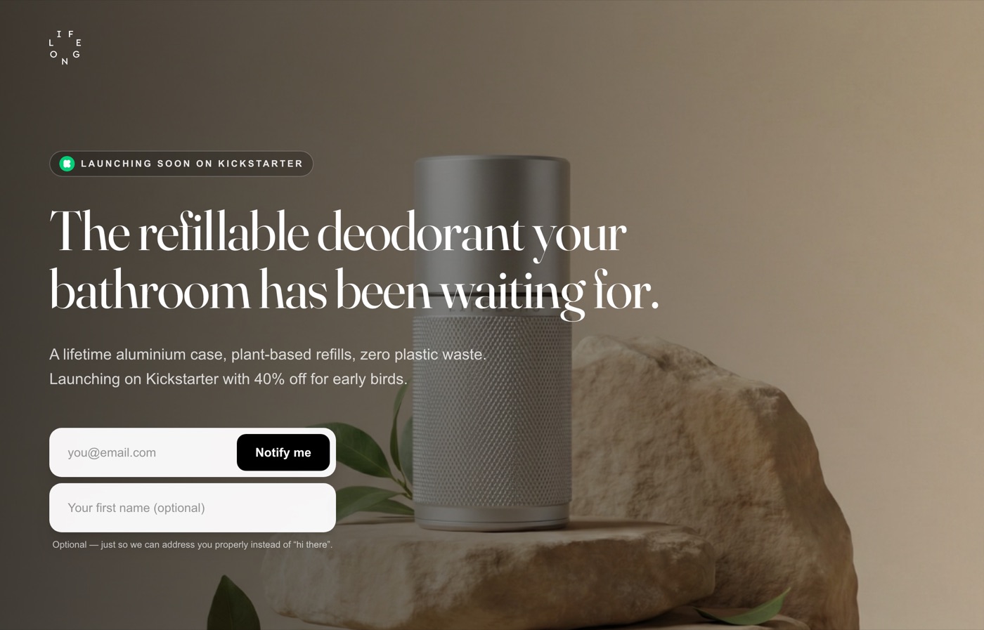 A live launching-soon Kickstarter landing page showing a product photograph, a headline, an early-bird offer line and an email capture field.