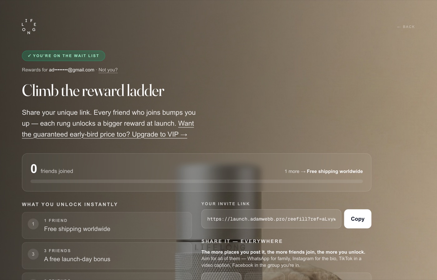 A referral rewards page showing a personal invite link, a friends-joined progress bar, and a ladder of rewards unlocked at one, three and five referrals.